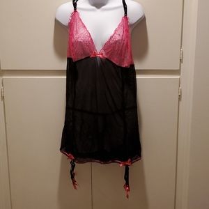 NWOT Hot Pink and Black Babydoll Lingerie Set